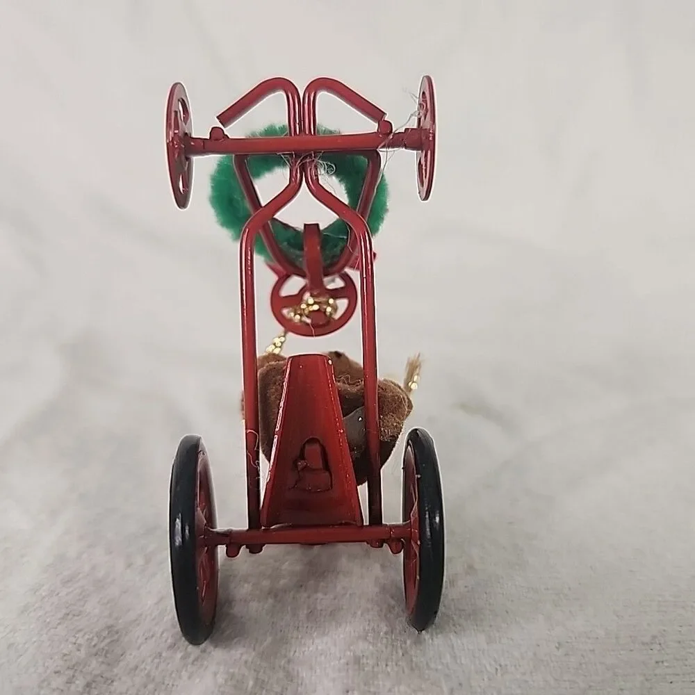 Red Metal Ornament Car With Flocked Teddy Bear & Wreath 1980’s Avon Vintage